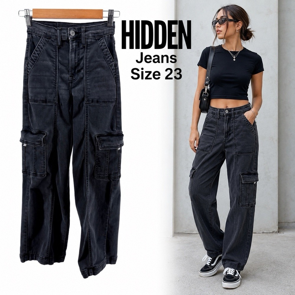 HIDDEN Cargo Jeans Charcoal Gray Women's 23 (00) High Rise Straight Pockets